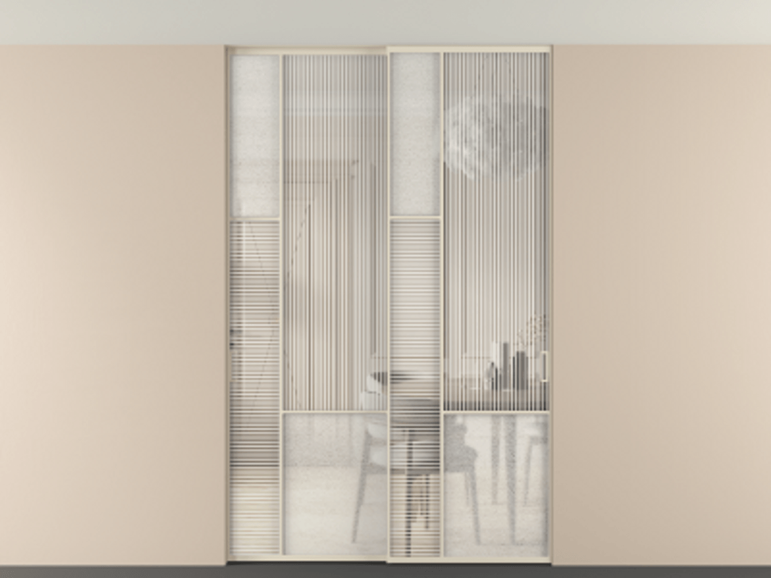 Перегородка Мозаик внутри проёма скрытое крепление в потолок 2 створки АЛПР 041.13 Алюминий бежево-серый Рифлёное стекло "Дюна", триплекс, 6 мм + Фактурное стекло "Лёд", триплекс Цена 18210 Br | Volhovec