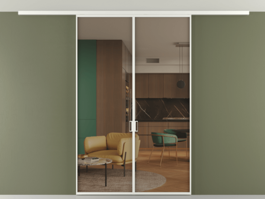 Перегородка Формато вдоль стены на потолок 2 створки АЛПР 040.01 Алюминий светло-серый Прозрачное бронзовое стекло, триплекс Цена 11550 Br | Volhovec