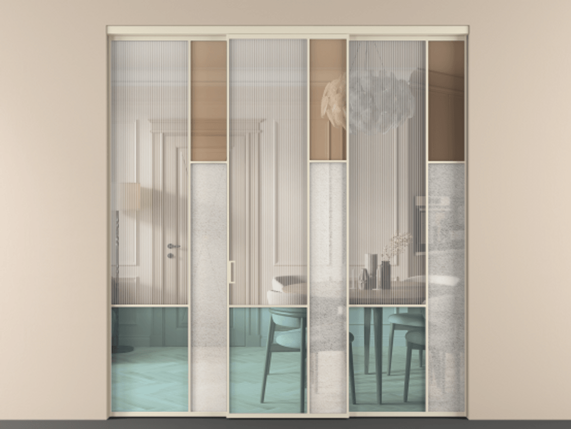 Перегородка Mosaic внутри проёма 3 створки АЛПР 041.12 Алюминий бежево-серый Комбинация стекол Группы 1 и Группы 3 Цена 19200 Br | Volhovec