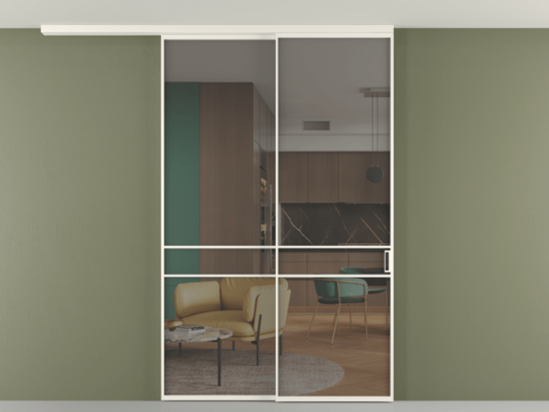 Перегородка Формато вдоль стены на потолок 2 створки с синхронным механизмом АЛПР 040.02 Алюминий пудровый белый Прозрачное серое стекло, триплекс Цена 16630 Br | Volhovec