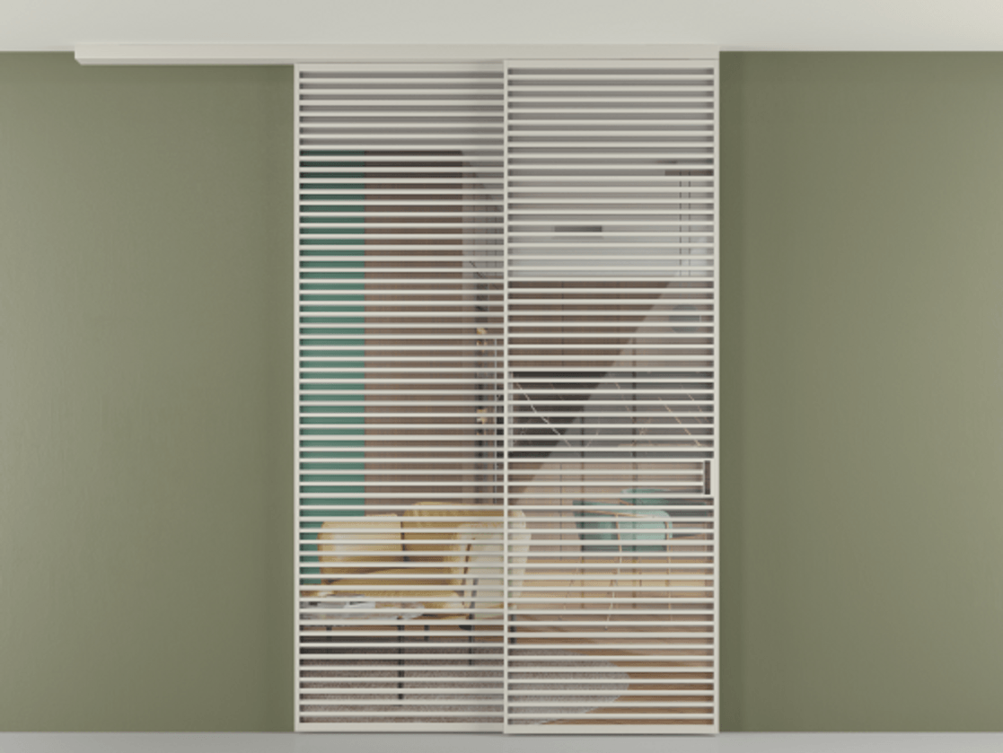 Перегородка Формато вдоль стены на потолок 2 створки с синхронным механизмом АЛПР 040.07 Алюминий тёплый серый Рефлективное прозрачное стекло "Стопсол", калёное Цена 29010 Br | Volhovec