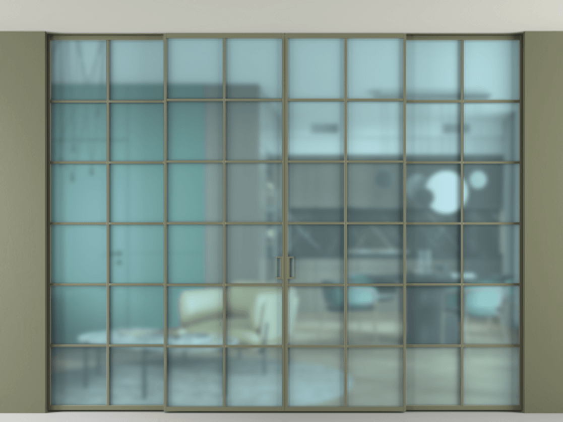 Перегородка Формато внутри проёма скрытое крепление в потолок 4 створки АЛПР 040.05 Алюминий оливковый тёмный Сатинированное голубое стекло, триплекс Цена 24900 Br | Volhovec