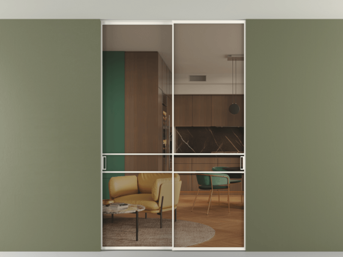 Перегородка Formato внутри проёма скрытое крепление в потолок 2 створки АЛПР 040.02 Алюминий пудровый белый Прозрачное бронзовое стекло, триплекс Цена 13710 Br | Volhovec