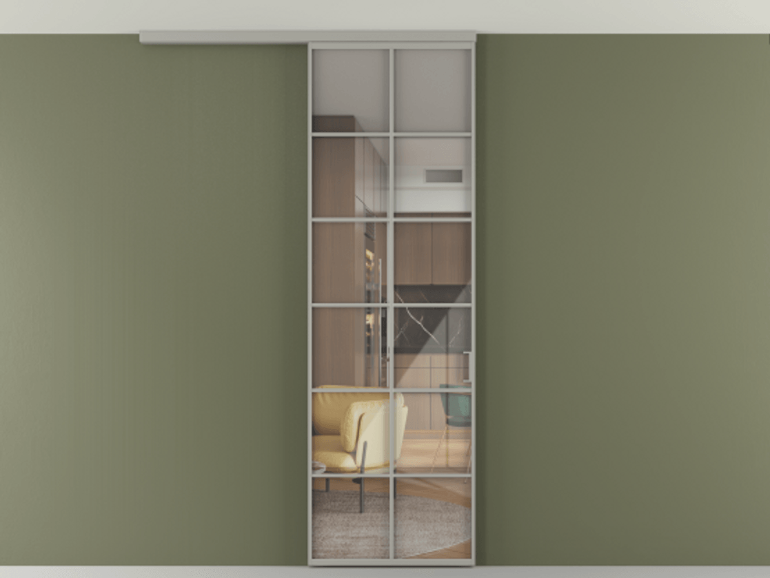 Перегородка Формато вдоль стены на потолок 1 створка АЛПР 040.05 Алюминий нейтральный серый Рефлективное прозрачное стекло "Стопсол", калёное Цена 7170 Br | Volhovec