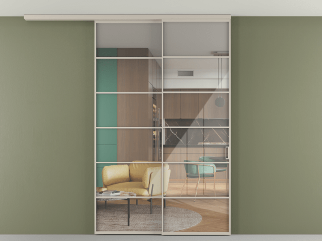 Перегородка Formato вдоль стены на потолок 2 створки с синхронным механизмом АЛПР 040.04 Алюминий светло-бежевый Рефлективное прозрачное стекло "Стопсол", калёное Цена 18400 Br | Volhovec