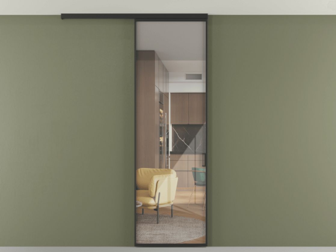 Перегородка Formato вдоль стены на потолок 1 створка АЛПР 040.01 Алюминий Черный Рефлективное прозрачное стекло "Stopsol", калёное Цена 6160 Br | Volhovec