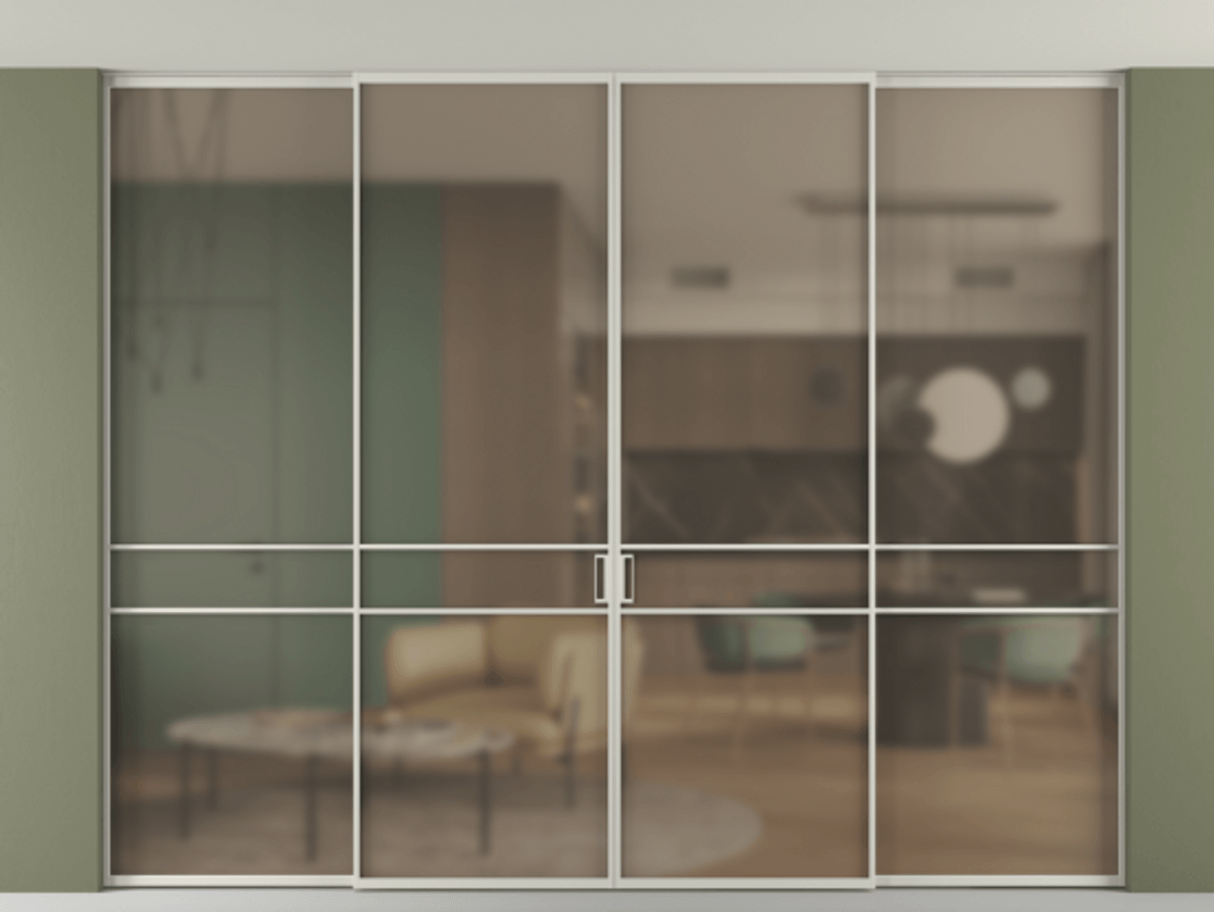 Перегородка Formato внутри проёма скрытое крепление в потолок 4 створки АЛПР 040.02 Алюминий тёплый серый Сатинированное бронзовое стекло, триплекс Цена 24440 Br | Volhovec