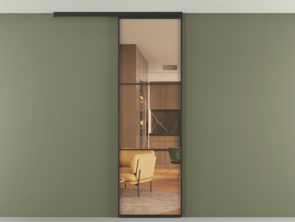 Перегородка Формато вдоль стены на потолок 1 створка АЛПР 040.03 Алюминий Черный Прозрачное оранжевое стекло, триплекс Цена 5000 Br | Volhovec