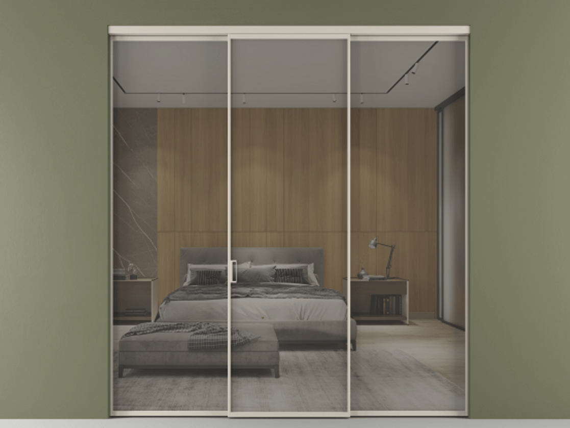 Перегородка Formato внутри проёма 3 створки АЛПР 040.01 Алюминий светло-бежевый Рефлективное серое стекло "Stopsol", калёное Цена 16110 Br | Volhovec