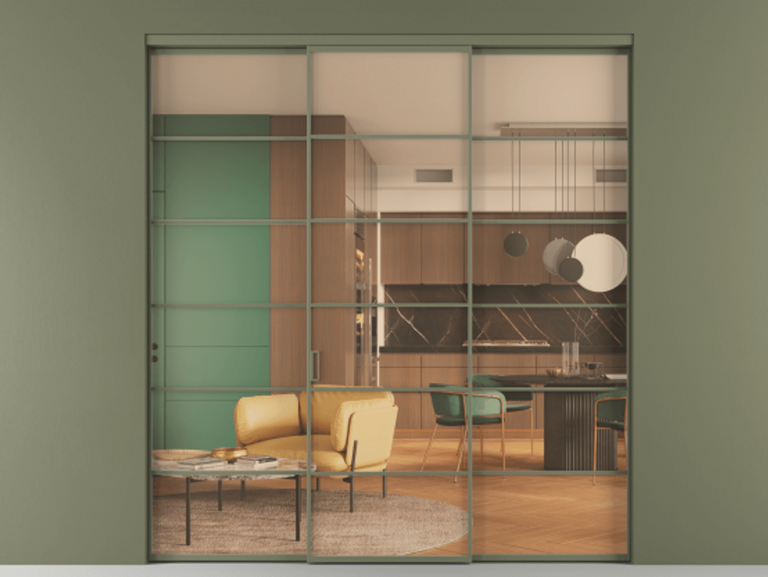 Перегородка Formato внутри проёма трёхстворчатая АЛПР 040.04 Алюминий оливковый тёмный Прозрачное оранжевое стекло, триплекс Цена 14300 Br | Volhovec