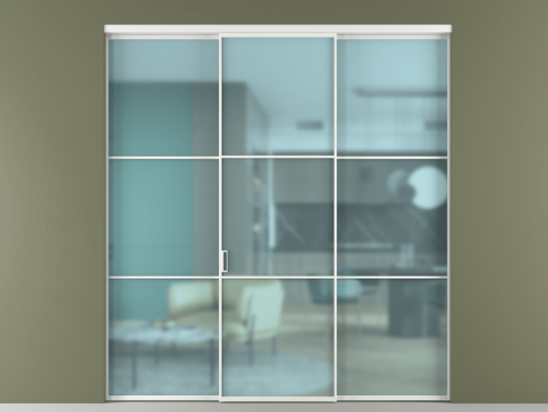 Перегородка Формато внутри проёма 3 створки АЛПР 040.03 Алюминий белоснежный Сатинированное голубое стекло, триплекс Цена 12700 Br | Volhovec
