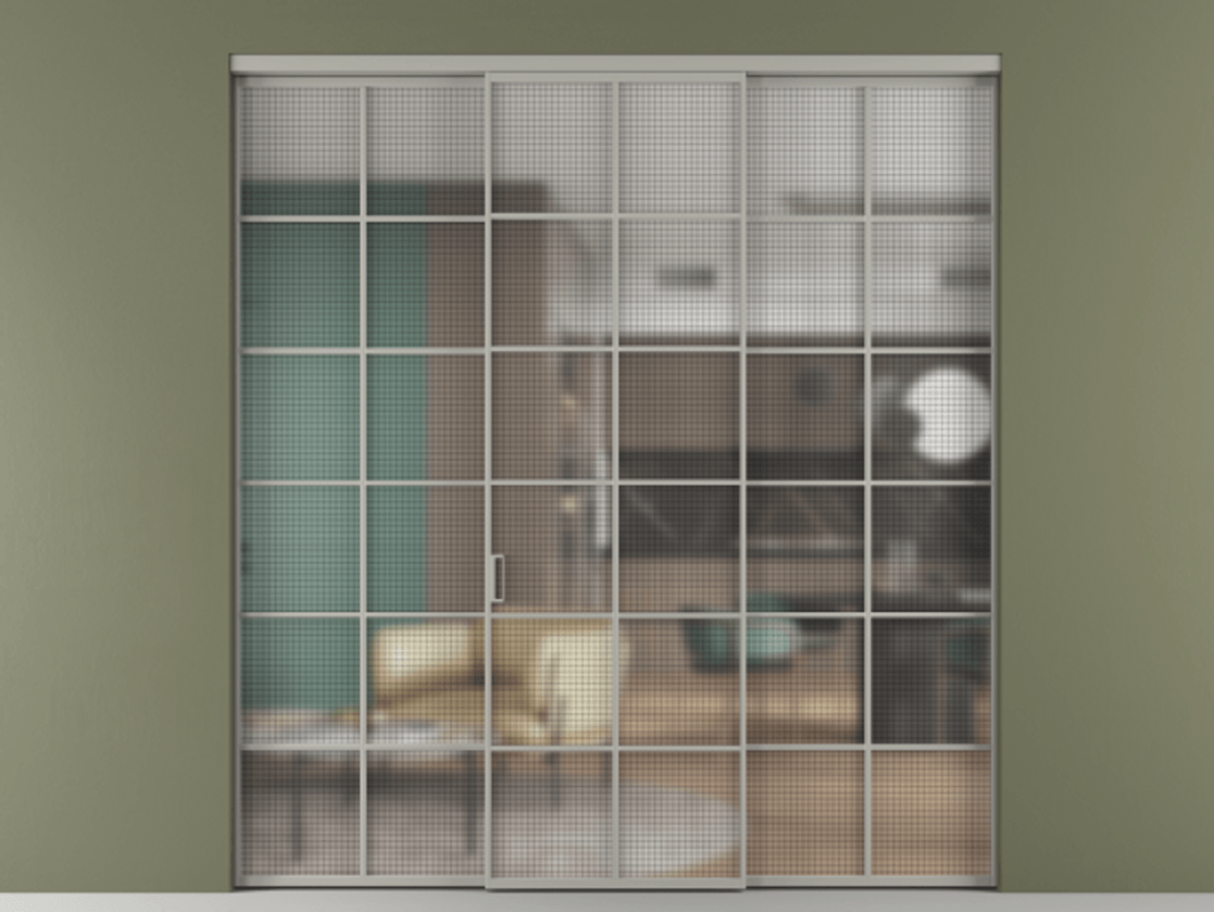 Перегородка Formato внутри проёма 3 створки АЛПР 040.05 Алюминий нейтральный серый Декоративное стекло с сеткой "Mesh silver", триплекс Цена 15320 Br | Volhovec