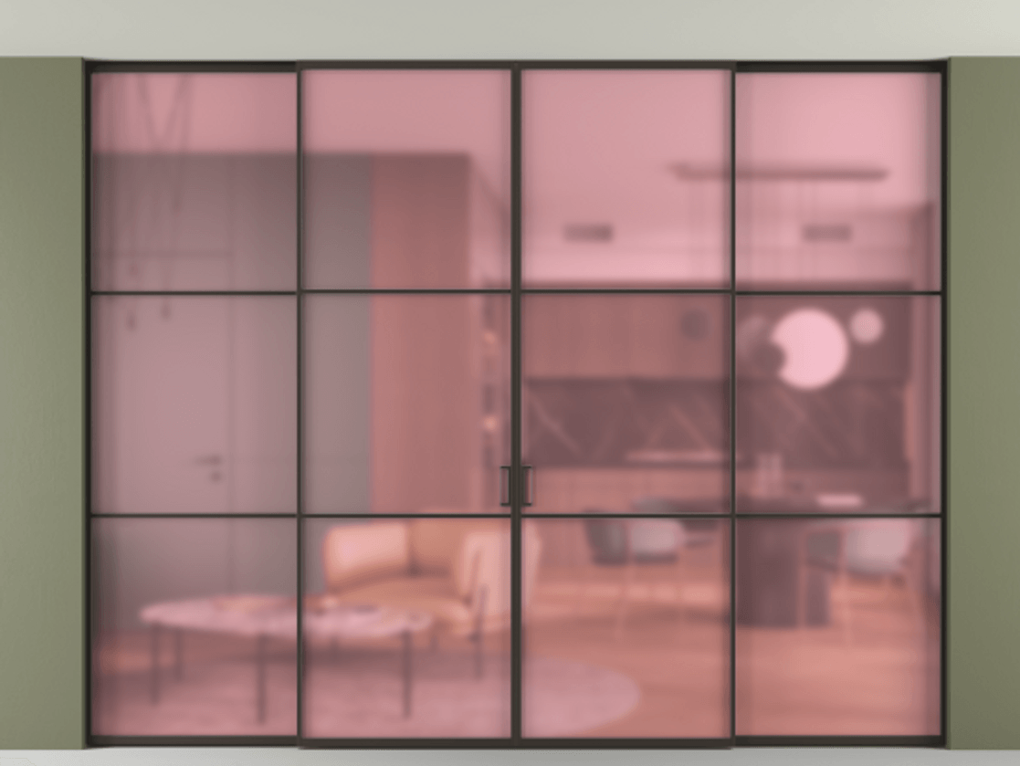 Перегородка Формато внутри проёма скрытое крепление в потолок 4 створки АЛПР 040.03 Алюминий антрацит Сатинированное розовое стекло, триплекс Цена 24400 Br | Volhovec