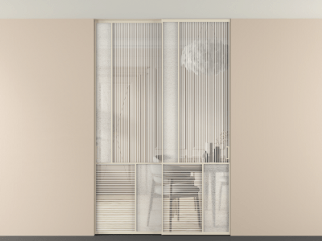 Перегородка Мозаик внутри проёма скрытое крепление в потолок 2 створки АЛПР 041.20 Алюминий бежево-серый Рифлёное стекло "Дюна", триплекс, 6 мм + Фактурное стекло "Лёд", триплекс. Цена 18210 Br . Фабрика дверей Волховец 8 (800) 551 43 19 Перегородка Мозаик внутри проёма скрытое крепление в потолок 2 створки АЛПР 041.20 Алюминий бежево-серый Рифлёное стекло "Дюна", триплекс, 6 мм + Фактурное стекло "Лёд", триплекс Цена 18210 Br | Volhovec