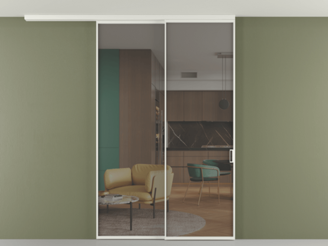 Перегородка Формато вдоль стены на потолок 2 створки с синхронным механизмом АЛПР 040.01 Алюминий светло-серый Прозрачное серое стекло, триплекс Цена 15990 Br | Volhovec