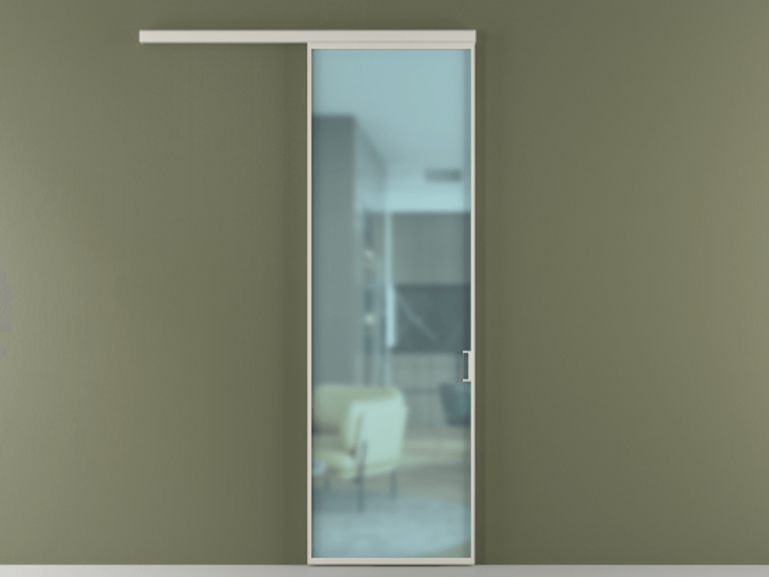 Перегородка Formato вдоль стены 1 створка АЛПР 040.01 Алюминий тёплый серый Сатинированное голубое стекло, триплекс Цена 6200 Br  | Volhovec