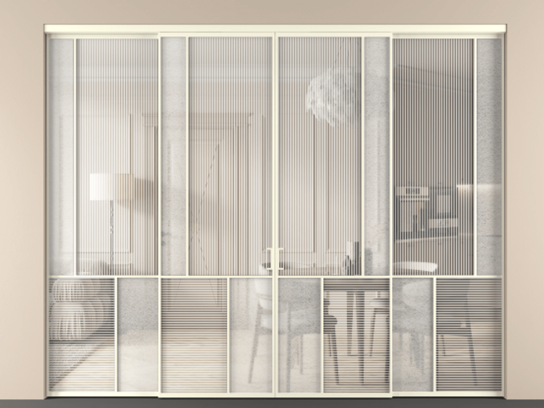 Перегородка Мозаик внутри проёма 4 створки АЛПР 041.21 Алюминий молочно-белый Рифлёное стекло "Дюна", триплекс, 6 мм + Фактурное стекло "Лёд", триплекс Цена 26350 Br | Volhovec
