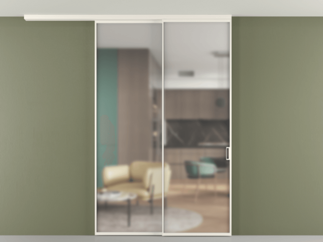 Перегородка Формато вдоль стены на потолок 2 створки с синхронным механизмом АЛПР 040.01 Алюминий пудровый белый Сатинированное стекло "Мателюкс Кристал Вижн", калёное, матовое, каленое 6 мм Цена 16850 Br | Volhovec