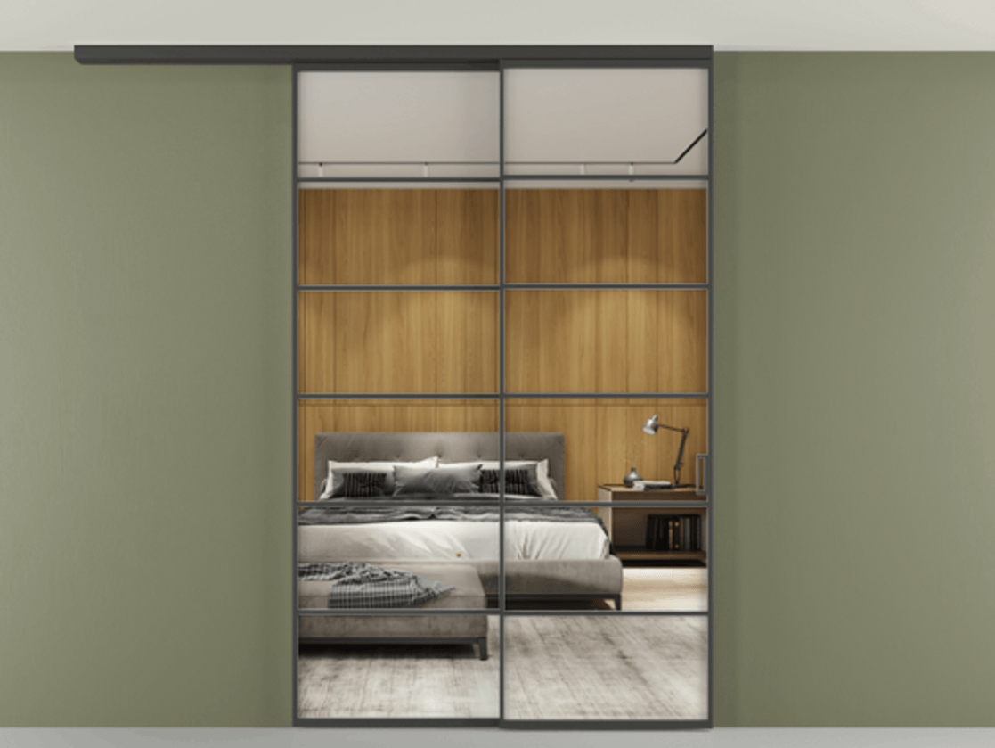 Перегородка Формато вдоль стены на потолок 2 створки с синхронным механизмом АЛПР 040.04 Графитовый Двустороннее зеркало, триплекс , триплекс 6 мм Цена 21110 Br | Volhovec