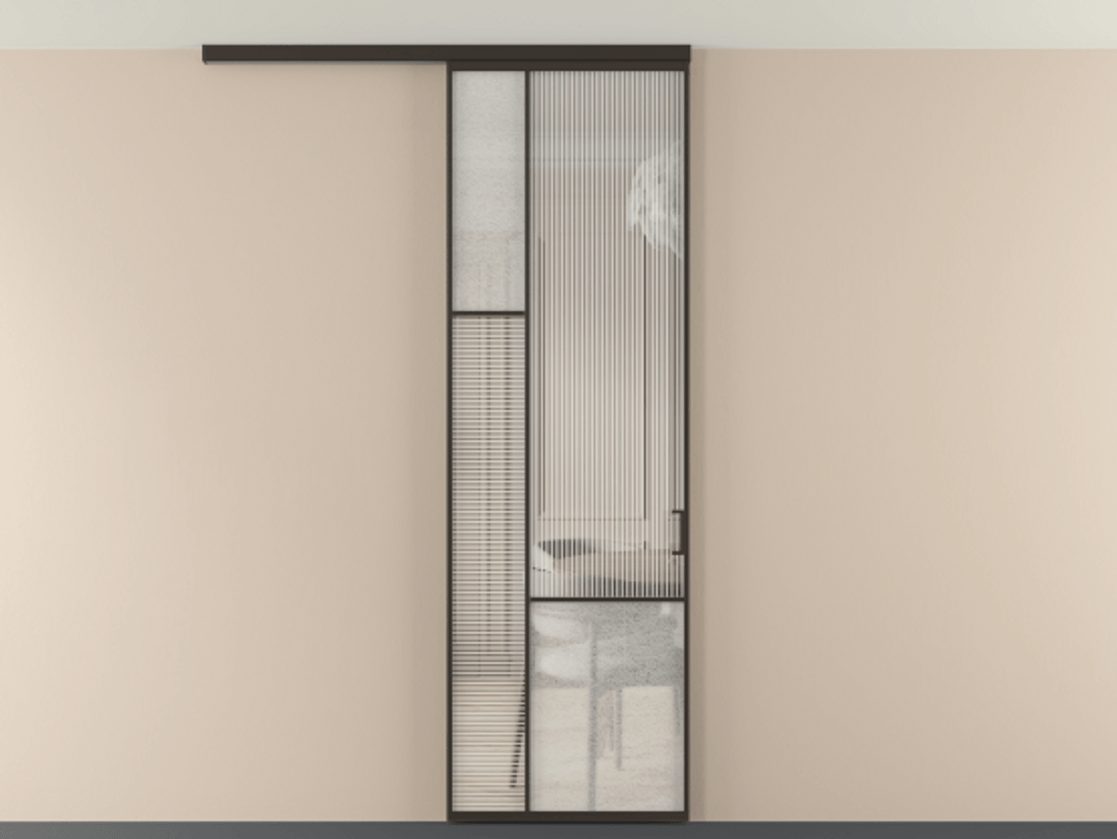 Перегородка Мозаик вдоль стены на потолок 1 створка АЛПР 041.13 Алюминий антрацит Рифлёное стекло "Дюна", триплекс, 6 мм + Фактурное стекло "Лёд", триплекс Цена 7650 Br | Volhovec