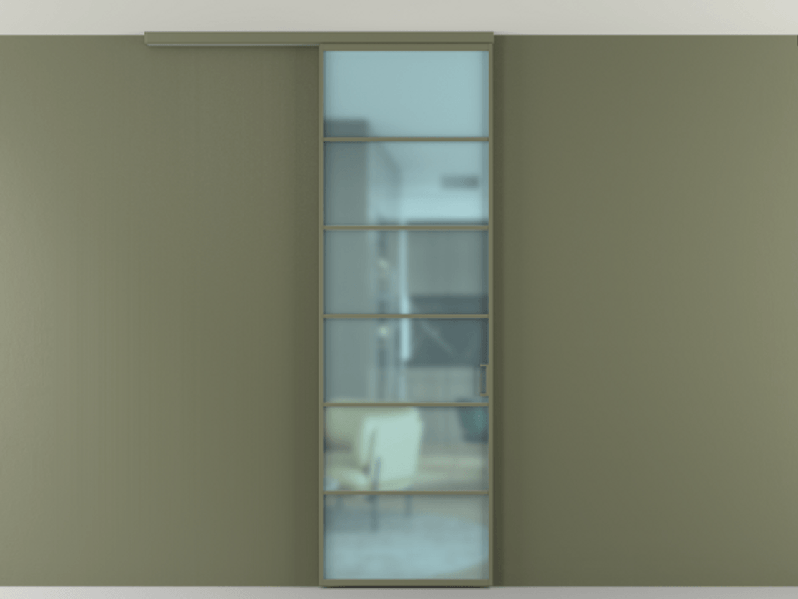 Перегородка Формато вдоль стены на потолок 1 створка АЛПР 040.04 Алюминий оливковый тёмный Сатинированное голубое стекло, триплекс Цена 5500 Br | Volhovec