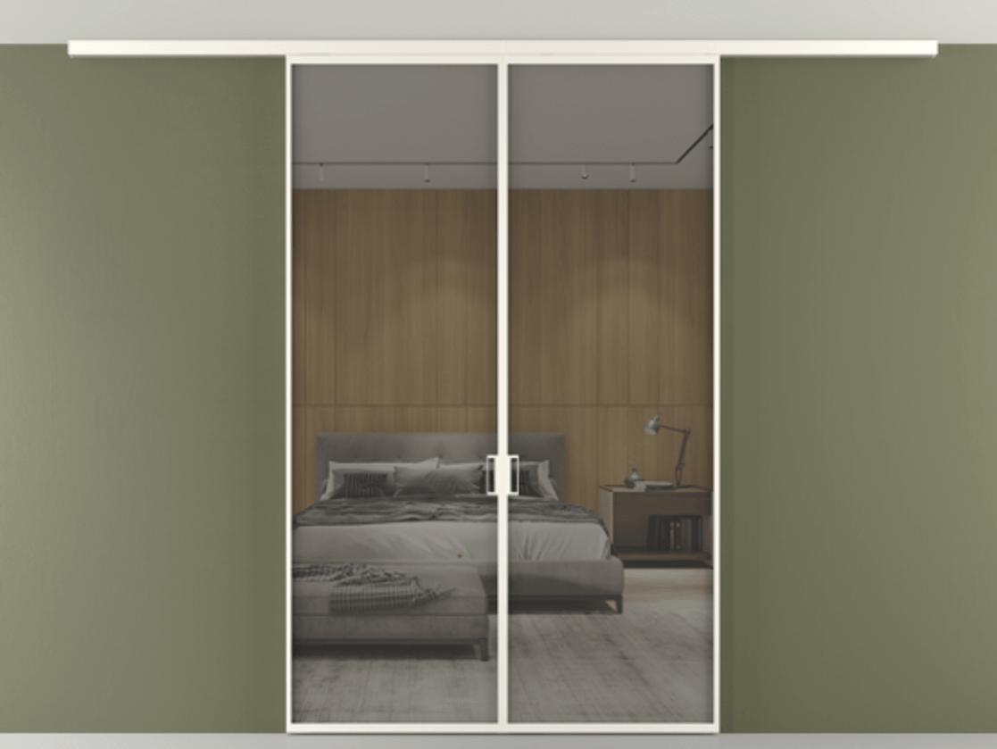 Перегородка Формато вдоль стены на потолок 2 створки АЛПР 040.01 Алюминий пудровый белый Рефлективное серое стекло "Стопсол", калёное Цена 12410 Br | Volhovec