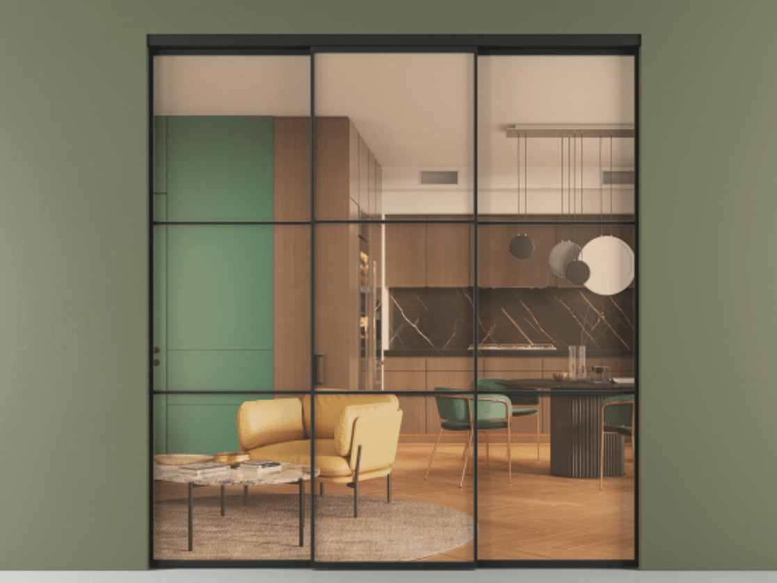 Перегородка Формато внутри проёма 3 створки АЛПР 040.03 Алюминий Черный Прозрачное оранжевое стекло, триплекс Цена 12800 Br | Volhovec