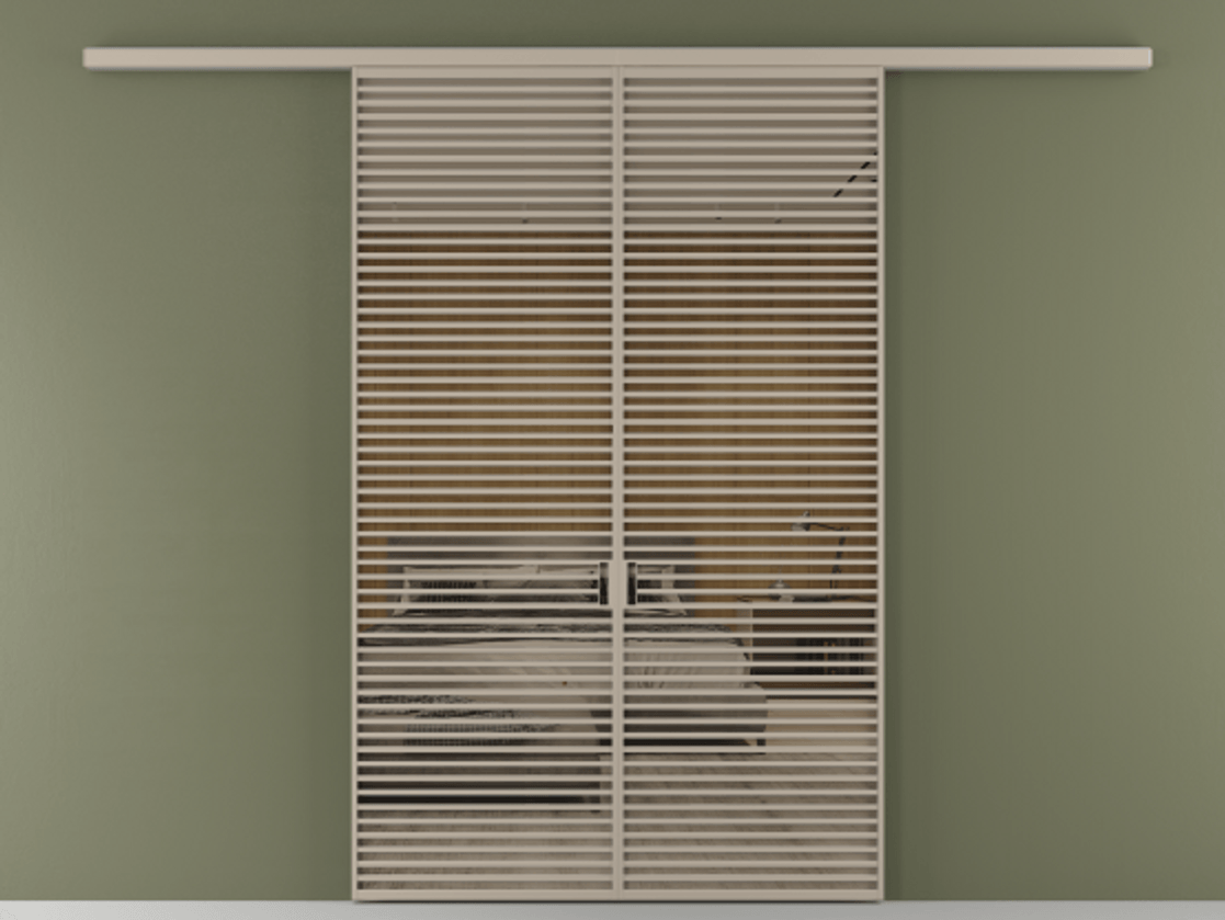 Перегородка Формато вдоль стены 2 створки АЛПР 040.07 Алюминий бисквитный Рефлективное бронзовое стекло "Стопсол", калёное Цена 23790 Br | Volhovec