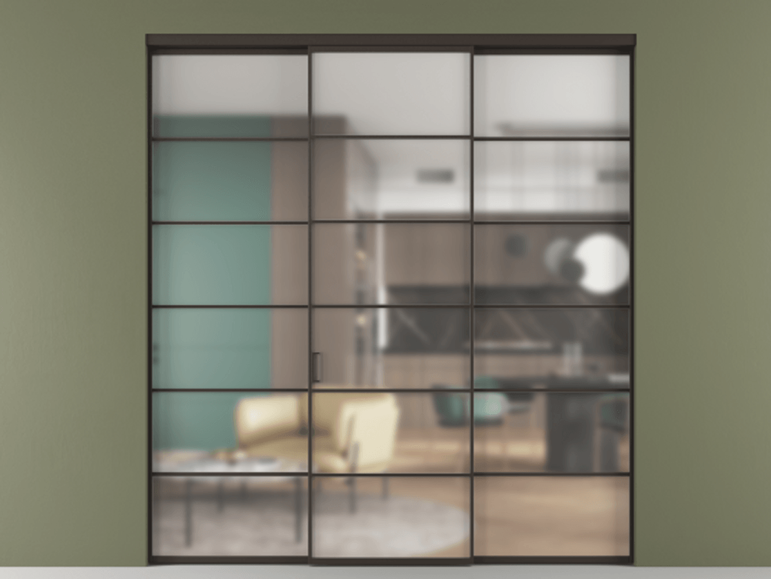 Перегородка Formato внутри проёма 3 створки АЛПР 040.04 Алюминий антрацит Сатинированное стекло "Matelux Crystal Vision", калёное, матовое, каленое 6 мм Цена 18230 Br | Volhovec