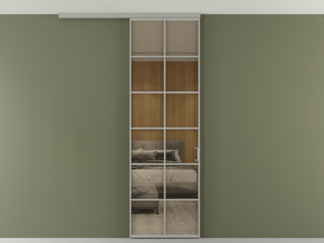 Перегородка Формато вдоль стены на потолок 1 створка АЛПР 040.05 Алюминий нейтральный серый Рефлективное бронзовое стекло "Стопсол", калёное Цена 7170 Br | Volhovec