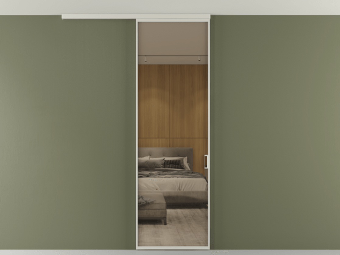 Перегородка Формато вдоль стены на потолок 1 створка АЛПР 040.01 Алюминий тёплый серый Рефлективное бронзовое стекло "Стопсол", калёное Цена 6390 Br | Volhovec