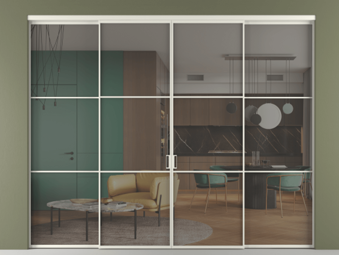 Перегородка Formato внутри проёма четырёхстворчатая АЛПР 040.03 Алюминий Белый Прозрачное серое стекло, триплекс. Скрытый короб БЕЛ Цена 17320 Br 1. Полотно 4 шт. (800/2100 мм)
2. Комплект установки раздвижной системы
3. Базовый комплект фурнитуры
4.Ручка RONDO. Фабрика дверей Волховец 8 (800) 551 43 19 Перегородка Formato внутри проёма четырёхстворчатая АЛПР 040.03 Алюминий Белый Прозрачное серое стекло, триплекс Цена 17320 Br | Volhovec