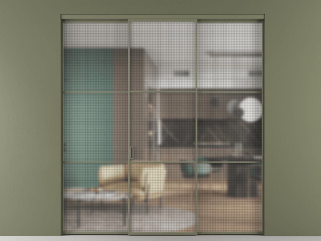 Перегородка Formato внутри проёма 3 створки АЛПР 040.03 Алюминий оливковый тёмный Декоративное стекло с сеткой "Mesh silver", триплекс Цена 14320 Br | Volhovec