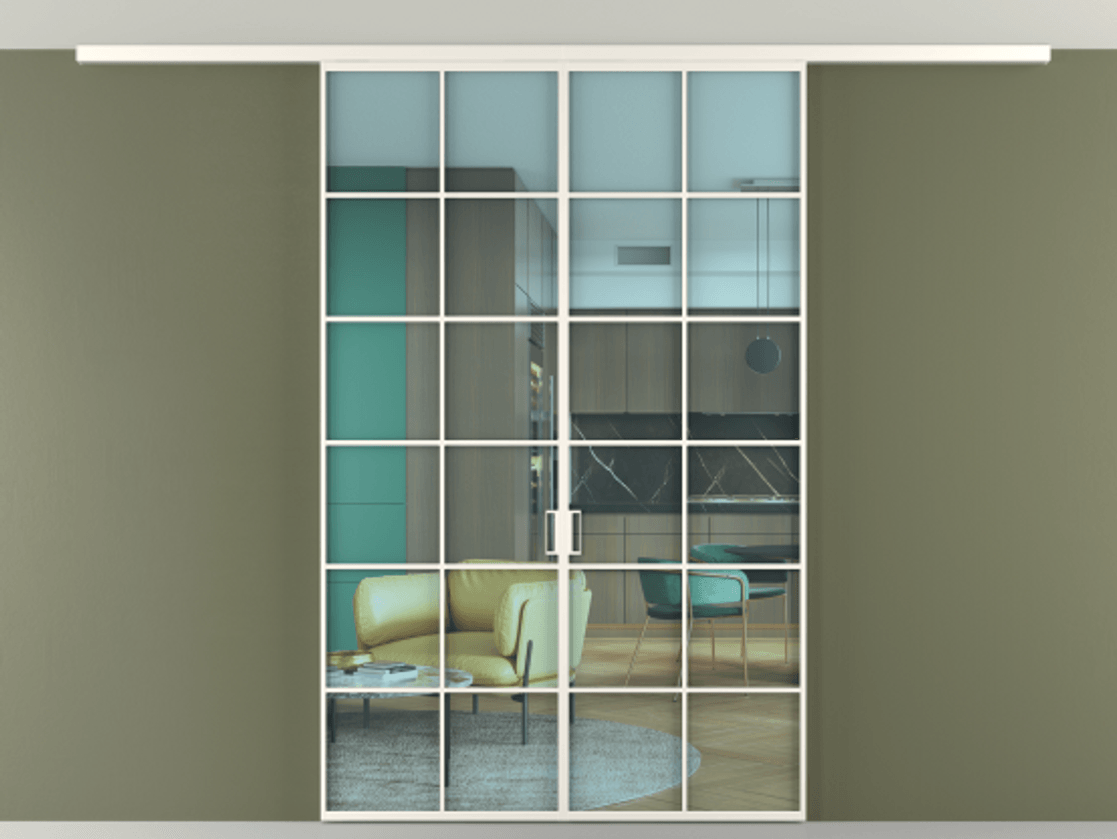 Перегородка Формато вдоль стены на потолок 2 створки АЛПР 040.05 Алюминий пудровый белый Прозрачное голубое стекло, триплекс Цена 10700 Br | Volhovec