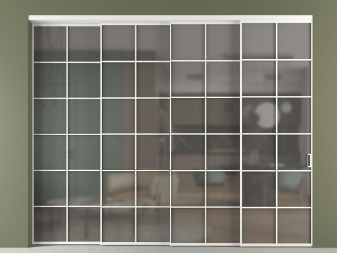 Перегородка Formato внутри проёма 4 створки с синхронным механизмом АЛПР 040.05 Алюминий светло-серый Сатинированное серое стекло, триплекс Цена 25240 Br | Volhovec