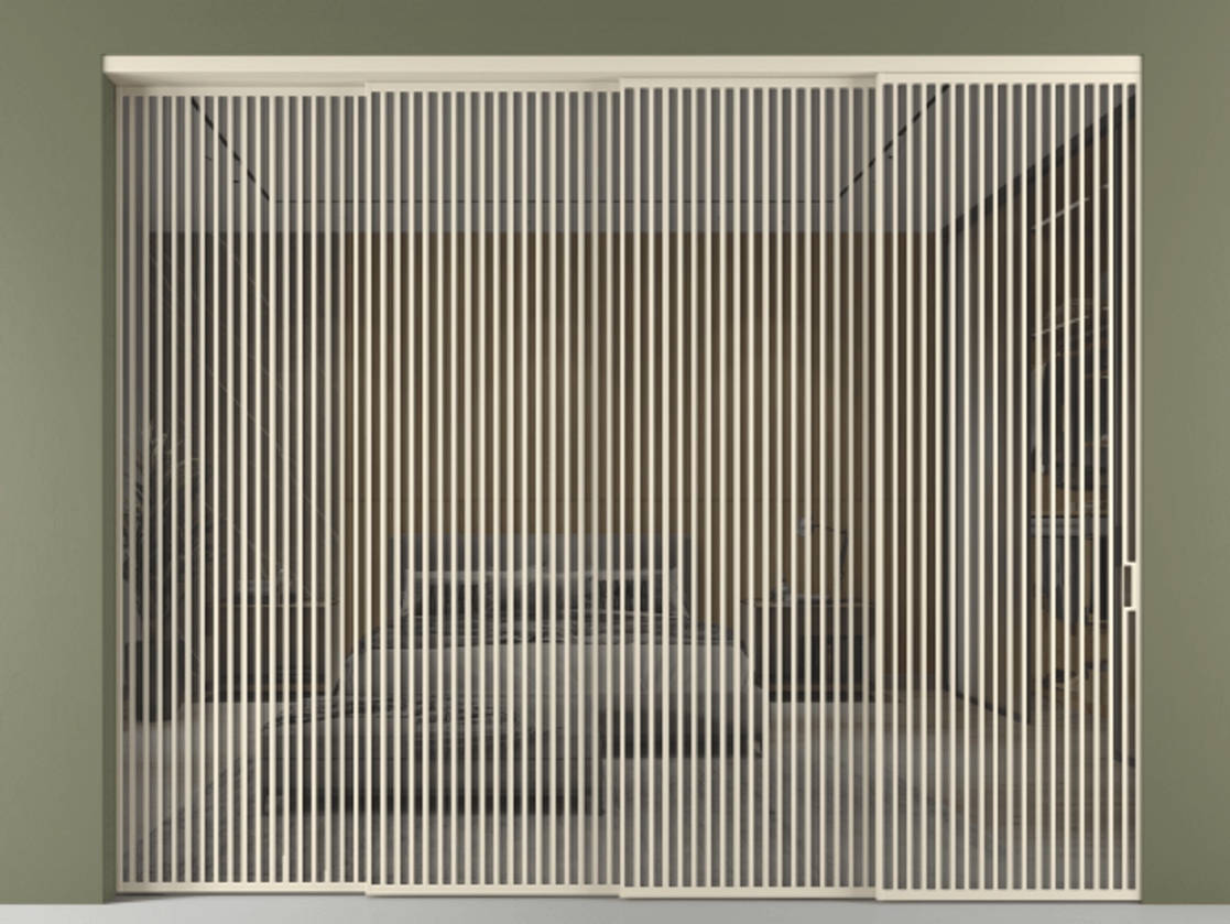 Перегородка Формато внутри проёма 4 створки с синхронным механизмом АЛПР 040.06 Алюминий бежево-серый Рефлективное серое стекло "Стопсол", калёное Цена 50680 Br | Volhovec