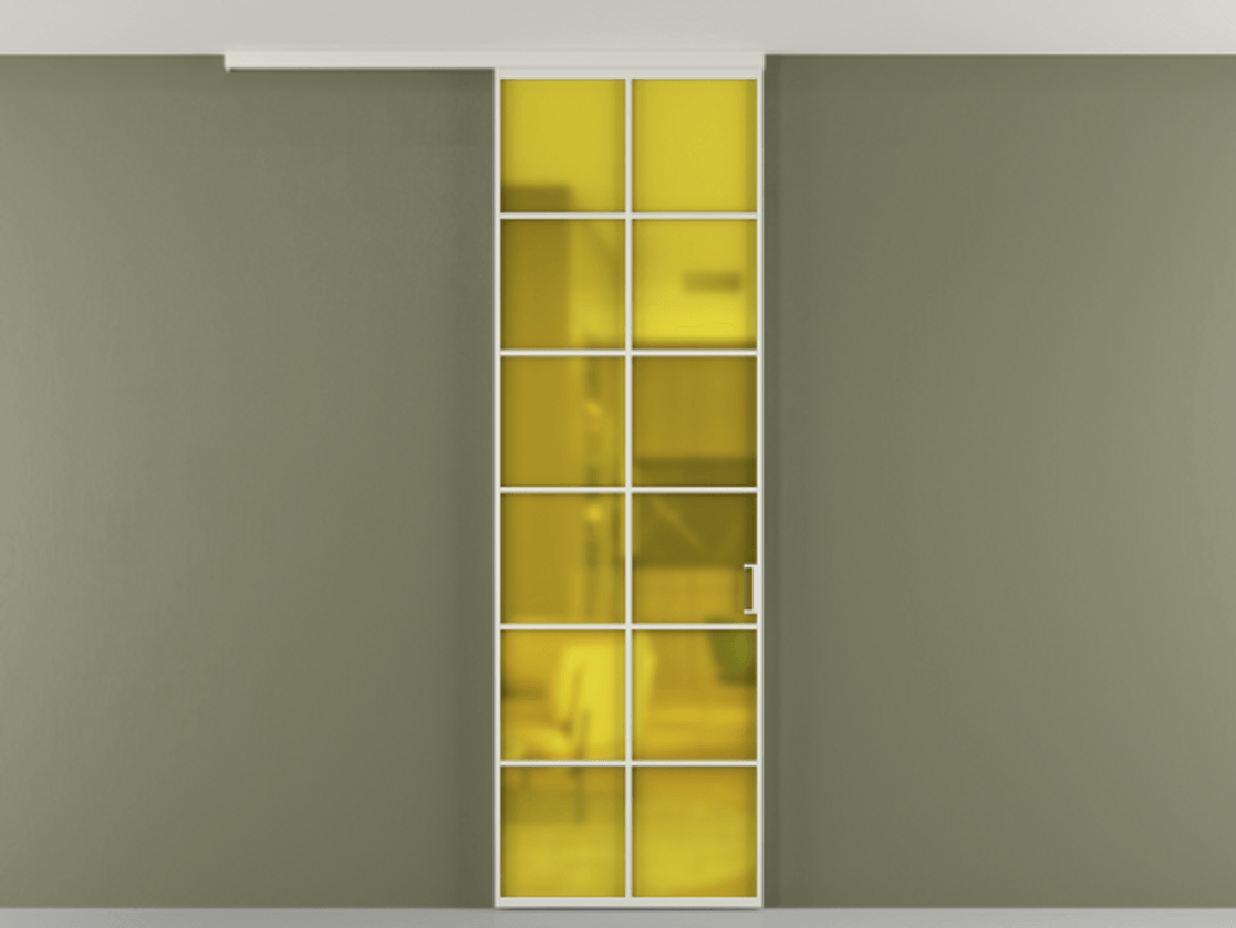 Перегородка Формато вдоль стены на потолок 1 створка АЛПР 040.05 Алюминий Белый Сатинированное жёлтое стекло, триплекс Цена 5300 Br | Volhovec