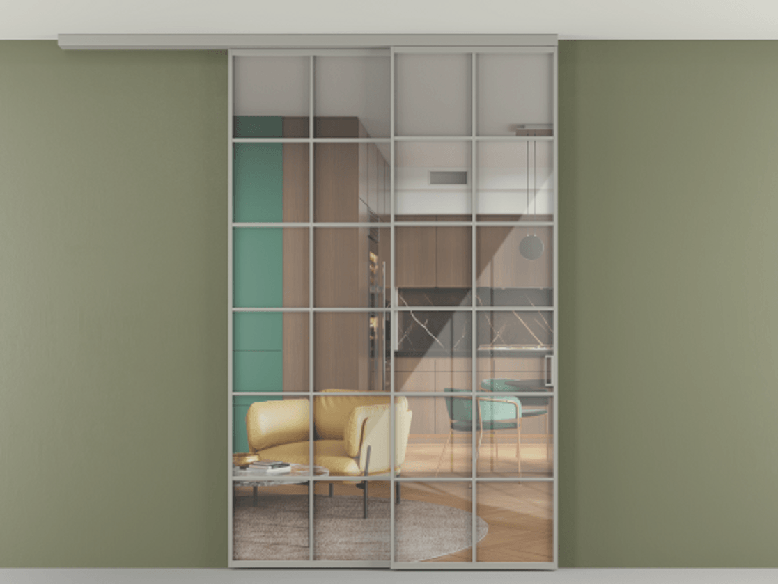 Перегородка Formato вдоль стены на потолок 2 створки с синхронным механизмом АЛПР 040.05 Алюминий нейтральный серый Рефлективное прозрачное стекло "Стопсол", калёное Цена 18400 Br | Volhovec