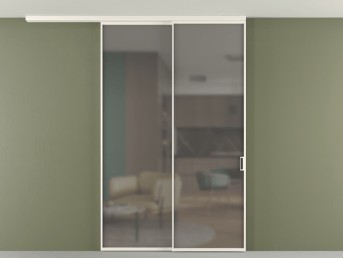 Перегородка Формато вдоль стены на потолок 2 створки с синхронным механизмом АЛПР 040.01 Алюминий пудровый белый Сатинированное серое стекло, триплекс Цена 15990 Br | Volhovec