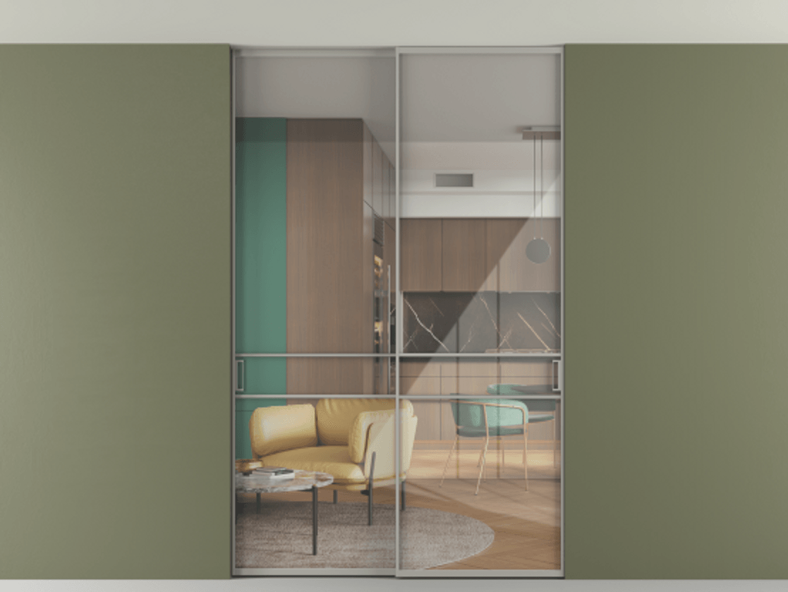 Перегородка Formato внутри проёма скрытое крепление в потолок 2 створки АЛПР 040.02 Алюминий нейтральный серый Рефлективное прозрачное стекло "Stopsol", калёное Цена 16340 Br | Volhovec