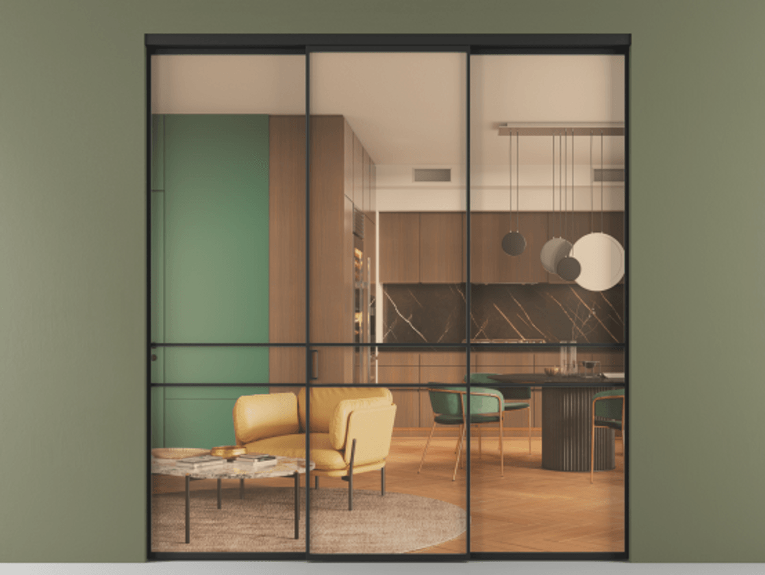 Перегородка Formato внутри проёма 3 створки АЛПР 040.02 Алюминий Черный Прозрачное оранжевое стекло, триплекс Цена 12800 Br | Volhovec