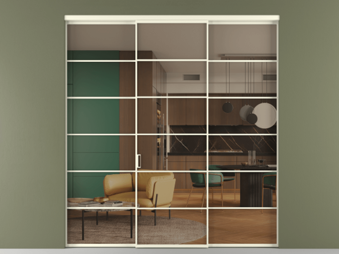 Перегородка Formato внутри проёма 3 створки АЛПР 040.04 Алюминий молочно-белый Прозрачное бронзовое стекло, триплекс Цена 14290 Br | Volhovec