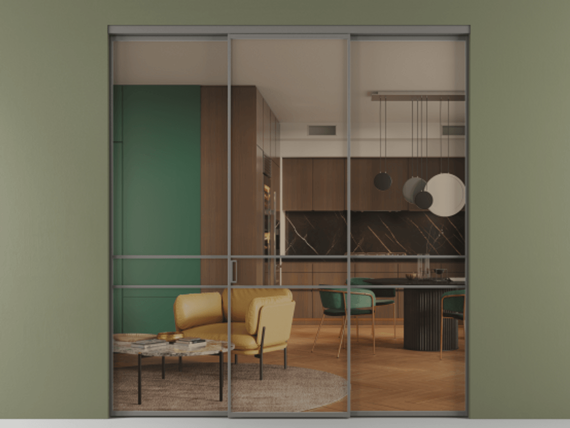 Перегородка Formato внутри проёма 3 створки АЛПР 040.02 Алюминий классический серый Прозрачное бронзовое стекло, триплекс Цена 12690 Br | Volhovec