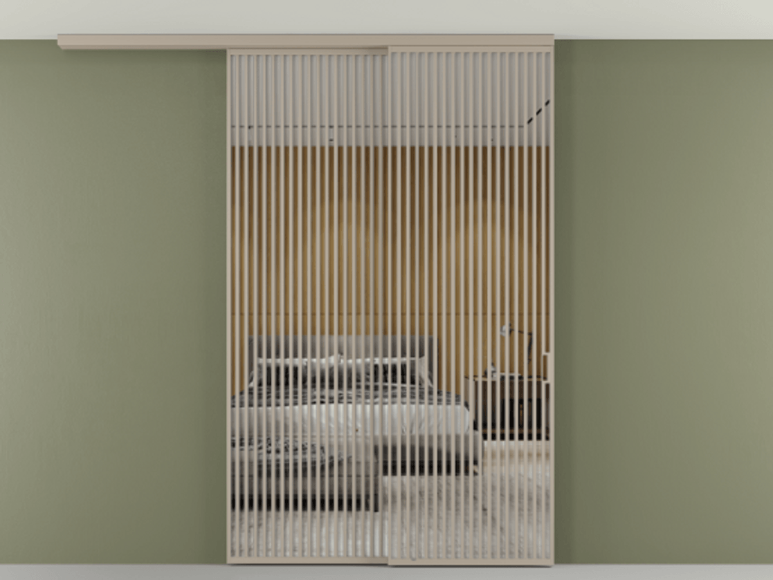 Перегородка Формато вдоль стены на потолок 2 створки с синхронным механизмом АЛПР 040.06 Алюминий бисквитный Двустороннее зеркало, триплекс , триплекс 6 мм Цена 23070 Br | Volhovec