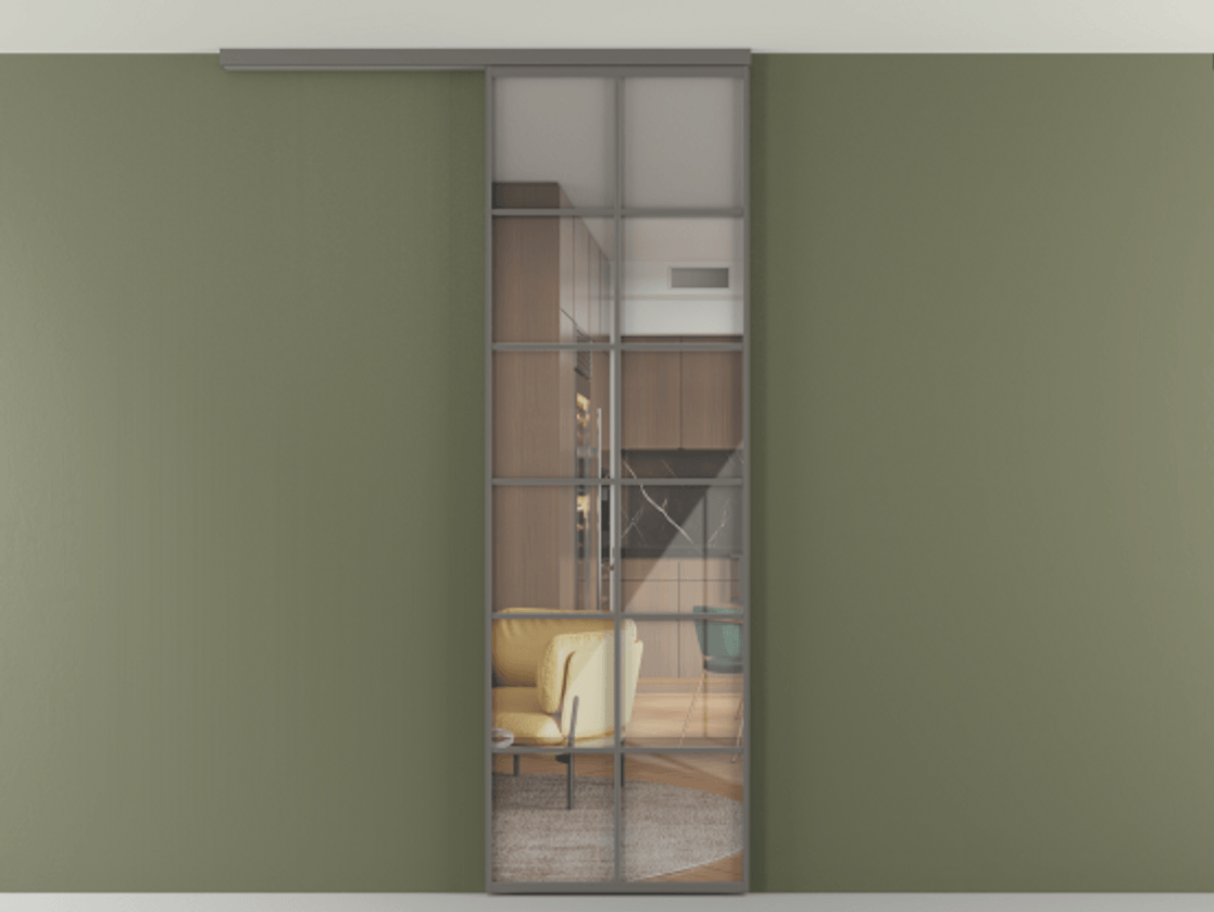 Перегородка Formato вдоль стены на потолок 1 створка АЛПР 040.05 Алюминий классический серый Рефлективное прозрачное стекло "Стопсол", калёное Цена 7170 Br | Volhovec