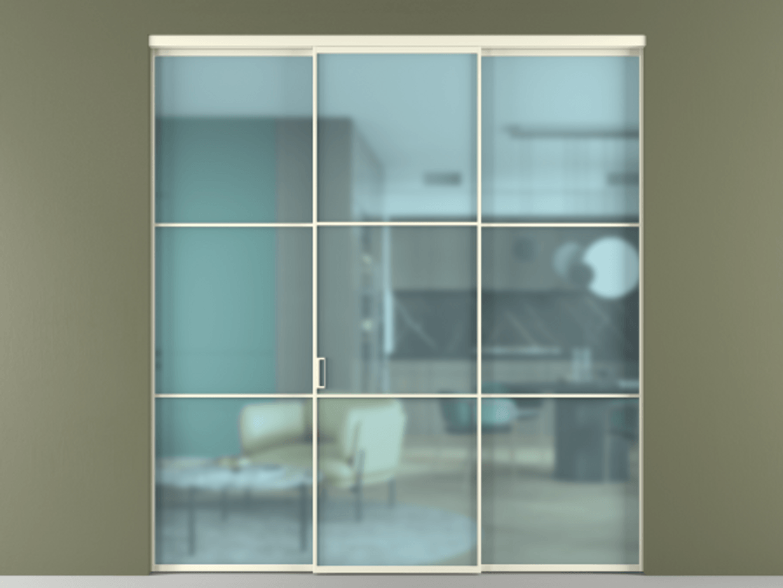 Перегородка Формато внутри проёма 3 створки АЛПР 040.03 Алюминий молочно-белый Сатинированное голубое стекло, триплекс Цена 12700 Br | Volhovec