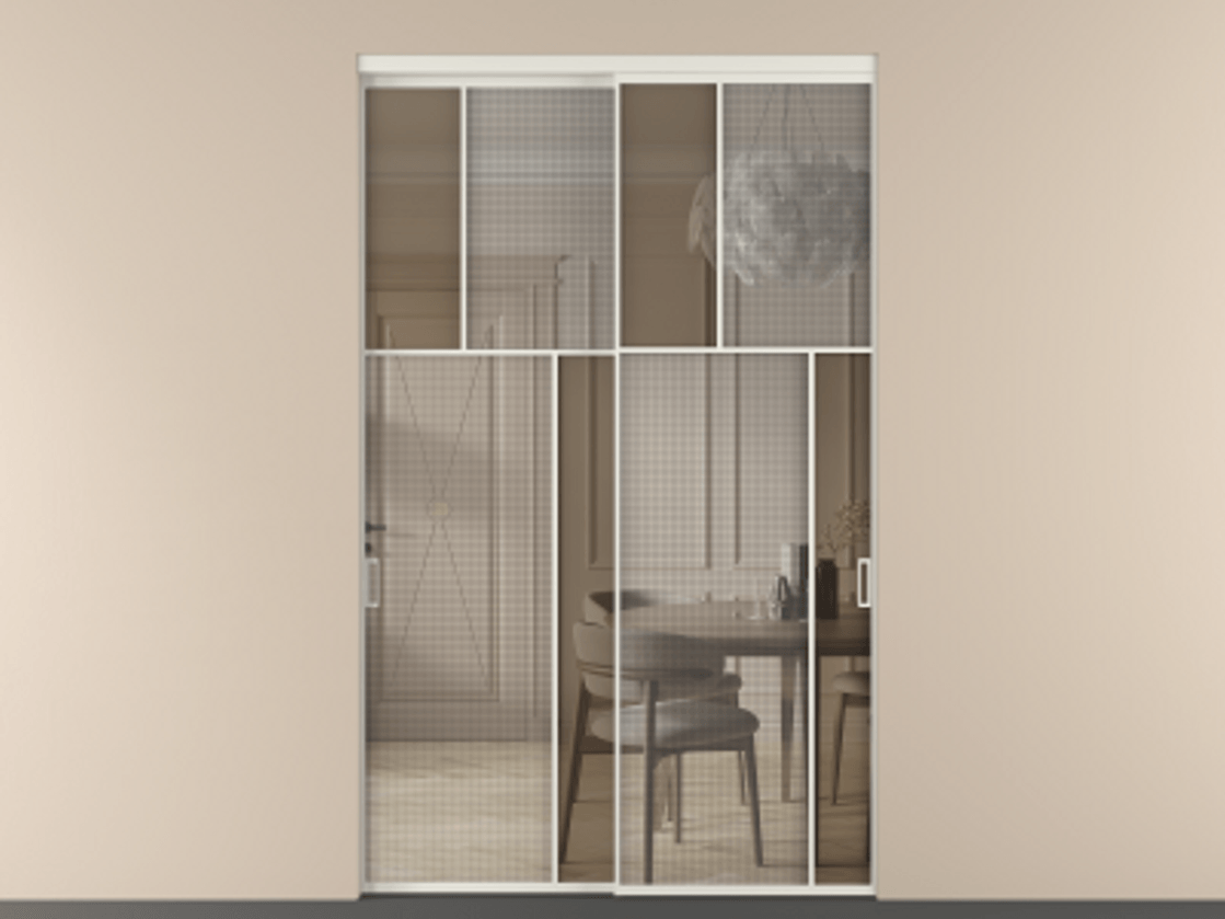 Перегородка Mosaic внутри проёма двустворчатая АЛПР 041.23 Алюминий Белый Mesh silver + Бронза прозрачное триплекс Цена 12310 Br | Volhovec