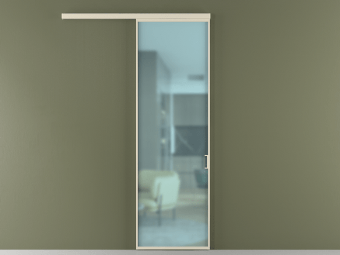 Перегородка Формато вдоль стены 1 створка АЛПР 040.01 Алюминий бежево-серый Сатинированное голубое стекло, триплекс Цена 5400 Br  | Volhovec