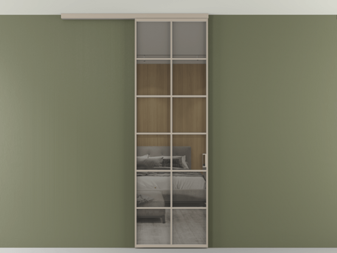 Перегородка Формато вдоль стены на потолок 1 створка АЛПР 040.05 Алюминий бисквитный Рефлективное серое стекло "Стопсол", калёное Цена 7170 Br | Volhovec