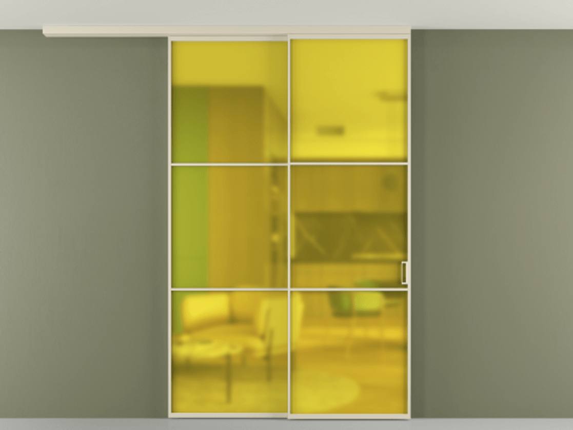 Перегородка Formato вдоль стены на потолок телескопик синхро 2 АЛПР 040.03 Алюминий бежево-серый Сатинированное жёлтое стекло, триплекс Цена 15300 Br | Volhovec